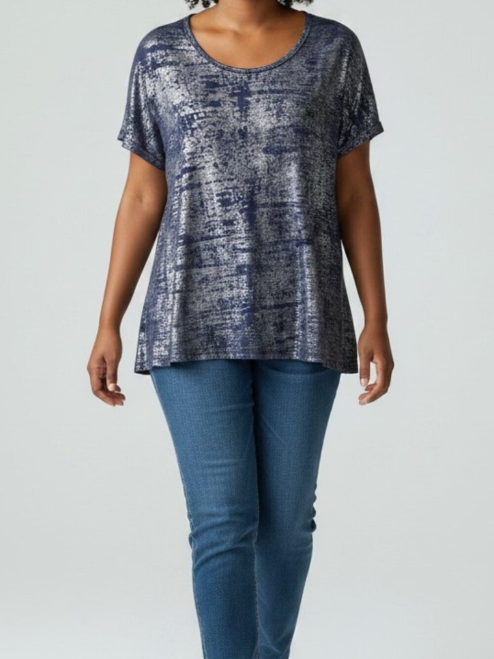 LuLaRoe Classic Womens Blue & Silver Short Sleeve Tunic Top Large